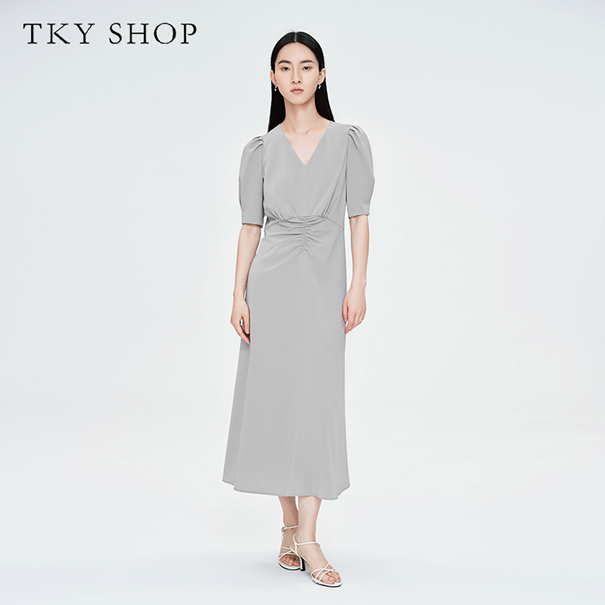 10360015.TKYSHOPV领抽褶高级感连衣裙2024年夏季新款