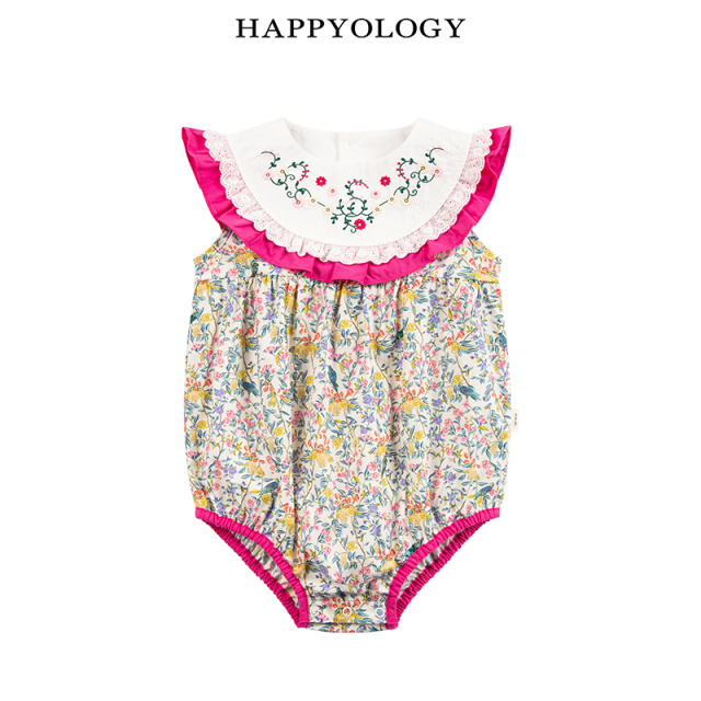 11847748.happyology英国女宝宝夏季短款撞色绣花连体衣婴幼儿刺绣连体哈衣