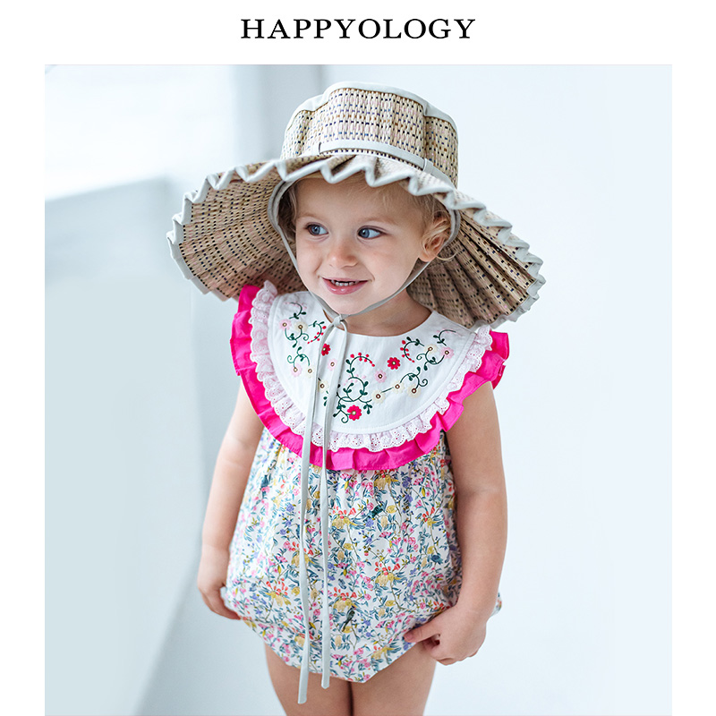 11847748.happyology英国女宝宝夏季短款撞色绣花连体衣婴幼儿刺绣连体哈衣