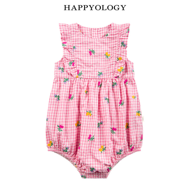 11847749.happyology英国女宝宝夏款满印绣花格纹连体衣裆部开扣飞袖连身衣