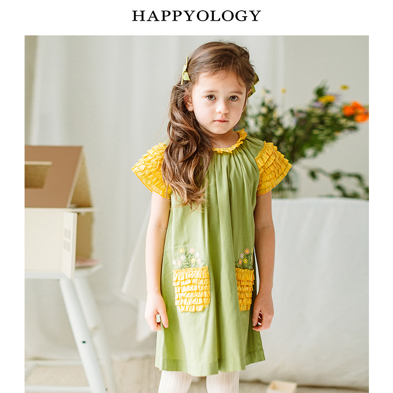11847750.happyology英国女童短袖连衣裙英伦裙子儿童夏季刺绣连身裙木耳边