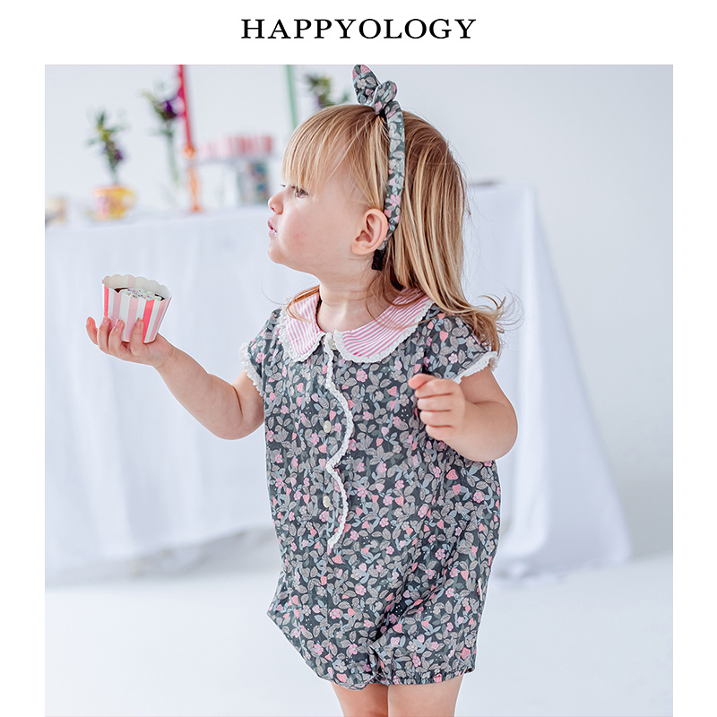 11847752.happyology英国女宝宝夏季镂空花边连体衣撞色条纹门襟三角爬爬服