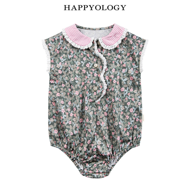 11847752.happyology英国女宝宝夏季镂空花边连体衣撞色条纹门襟三角爬爬服