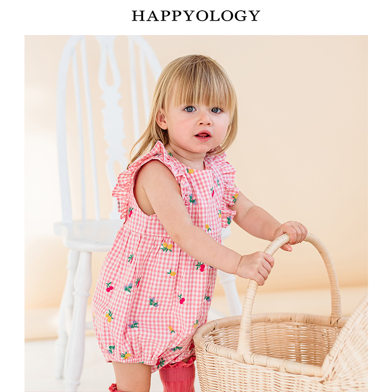 11847749.happyology英国女宝宝夏款满印绣花格纹连体衣裆部开扣飞袖连身衣