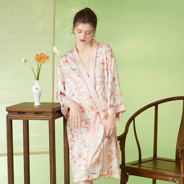 10377240.芬腾【轻奢风敦煌IP冰丝】春夏低领七分袖开衫优雅家居服两件套睡裙睡袍女
