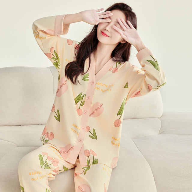10387097.芬腾【100%棉郁金香】春季撞色V领外穿休闲长袖家居服女睡衣套装