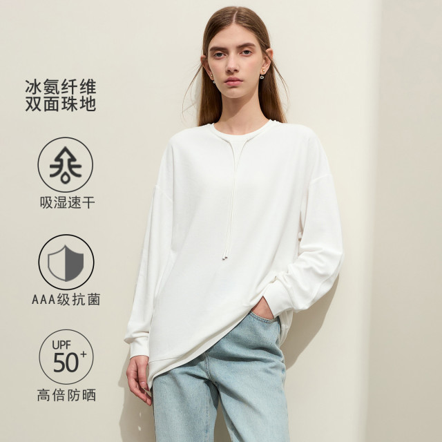 10416983.【速干抗菌】春季圆领抽绳标牌装饰速干抗菌珠地女棉质落肩卫衣