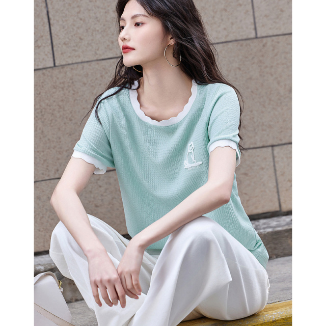 10408008.【夏日轻龄衣橱】夏新圆领喵咪字母牙刷绣短袖t恤少女感女式t恤
