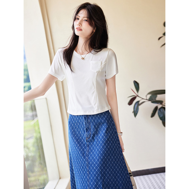 10408695.【设计感分割女式t恤】夏季基础圆领短袖t恤女