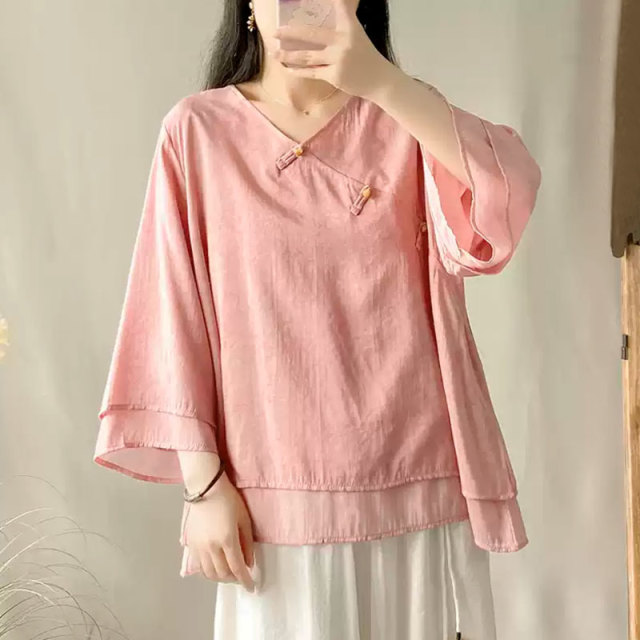 13458835.初云紫衣春夏装 女中国风斜襟V领珠扣改良茶服印花宽松衬衫上衣1157