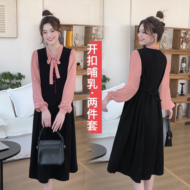 10433589.兔妈孕产哺乳【2件套】连衣裙春季新款孕妇装灯芯绒百搭孕妇休闲裙秋