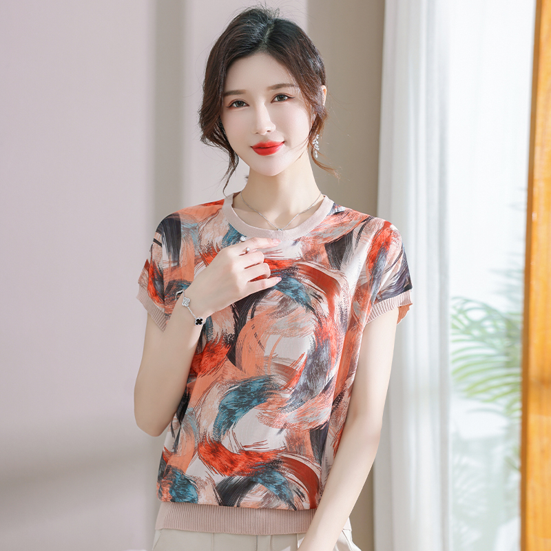 12639824.秋米罗妈妈装夏季新款圆领撞色针织短袖女式T恤