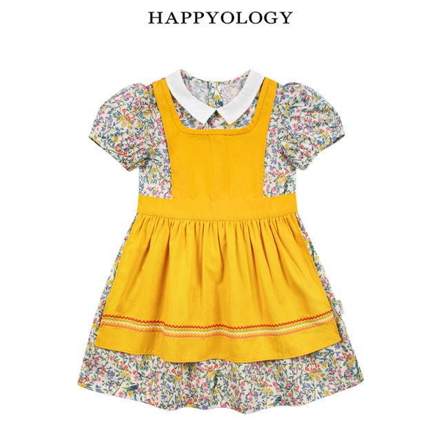 11847682.happyology英国女童夏季纯棉复古碎花连衣裙女宝宝撞色泡泡袖裙子