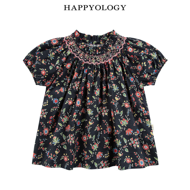 11847691.happyology英国女童夏季纯棉碎花上衣女宝宝木耳边立领泡泡袖衬衫
