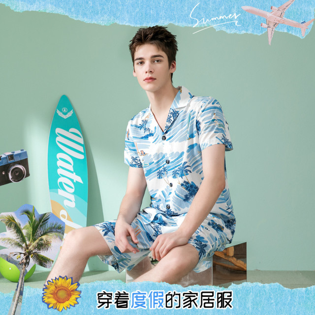 10458191.芬腾【100%棉度假风】夏季经典翻领可外穿短袖睡衣男家居服套装