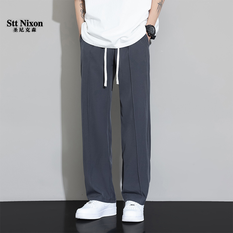 10479992.夏季裤子男新款黑色宽松长裤男士直筒冰丝九分运动休闲裤西裤