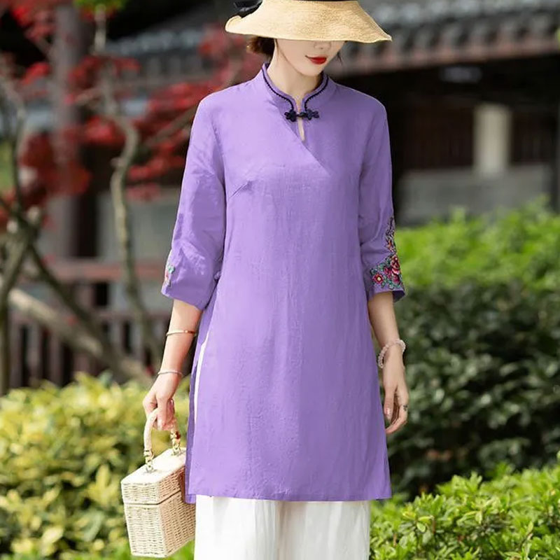 13459185.初云紫衣春夏装 女文艺复古民族风中长款上衣刺绣盘扣七分袖衬衫1224