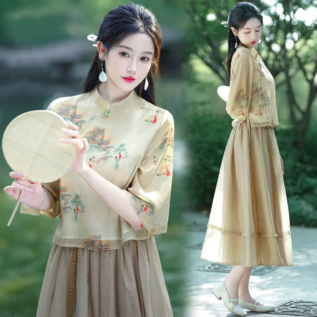 13459142.初云紫衣春夏装 女新中式改良两件套中国风盘扣立领上衣半身裙套装1043
