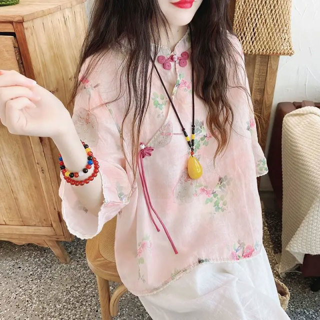 13459183.初云紫衣春夏装 女娃娃衫上衣花边复古斜门襟系带盘扣碎花中袖衬衫1188