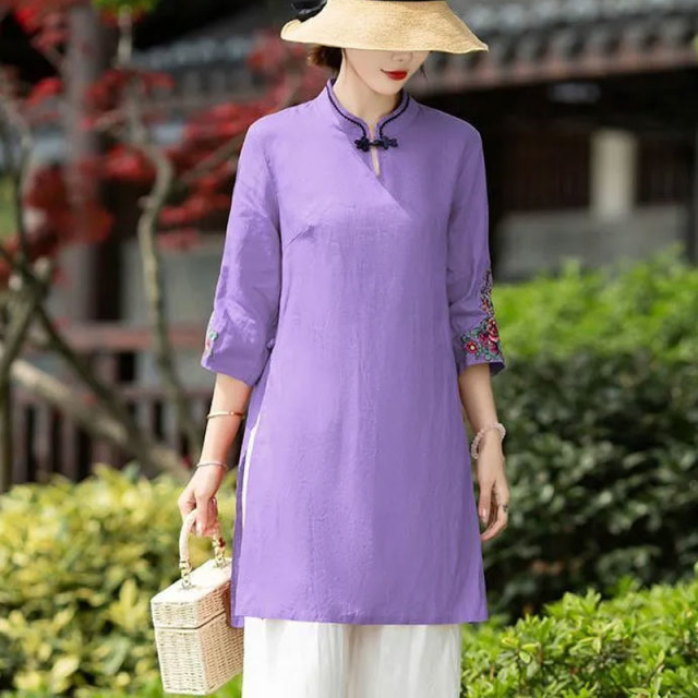 13459185.初云紫衣春夏装 女文艺复古民族风中长款上衣刺绣盘扣七分袖衬衫1224