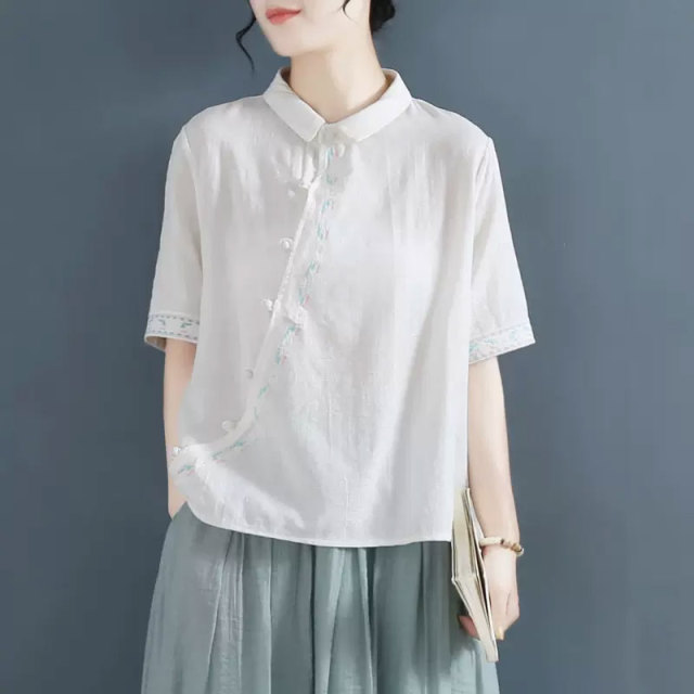13459156.初云紫衣春夏装 女复古文艺短袖翻领斜襟刺绣套头衬衫上衣禅意茶服1001