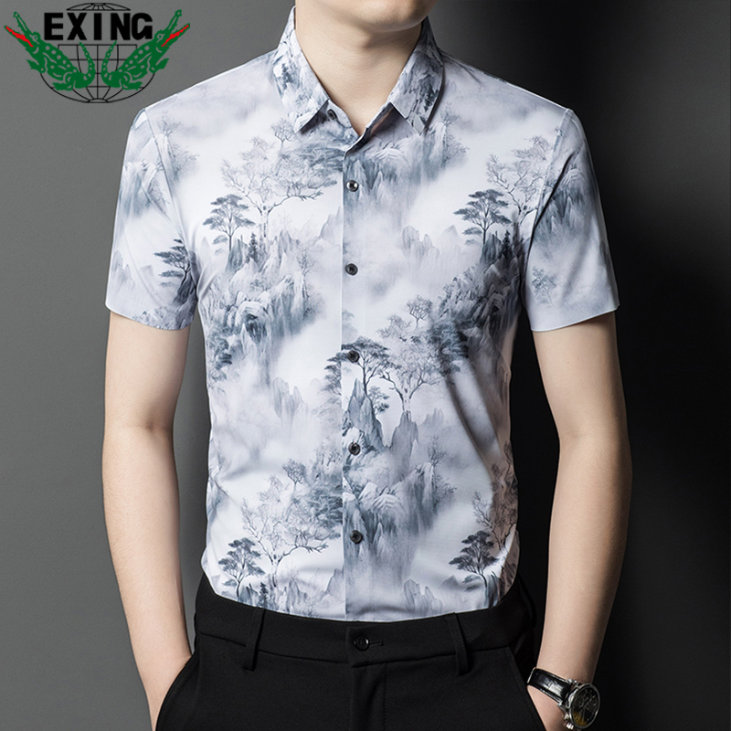 12644043.EXING爸爸夏季水墨印花短袖衬衫新款中老年男士商务衬衣