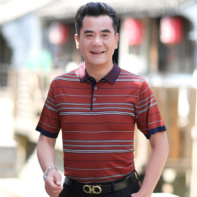 12644070.EXING中老年爸爸夏装短袖T恤男士条纹翻领Polo衫