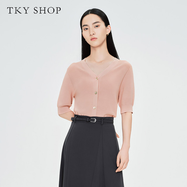 10496501.TKYSHOP温柔iV领短袖线开衫2024年夏季新款