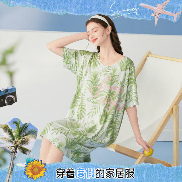 10520600.芬腾【冰瓷棉田园风】夏季圆领短袖套头可外穿英文清爽家居服睡裙女