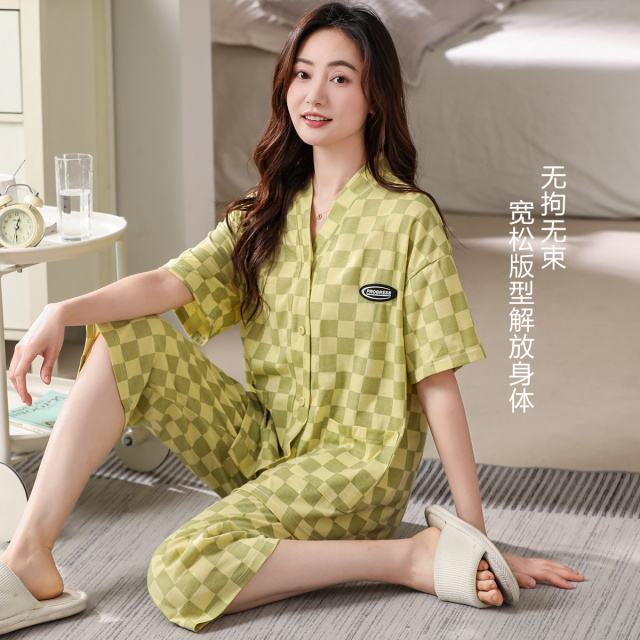 10527963.古今柔软棉质V领开衫短袖套装女士家居服