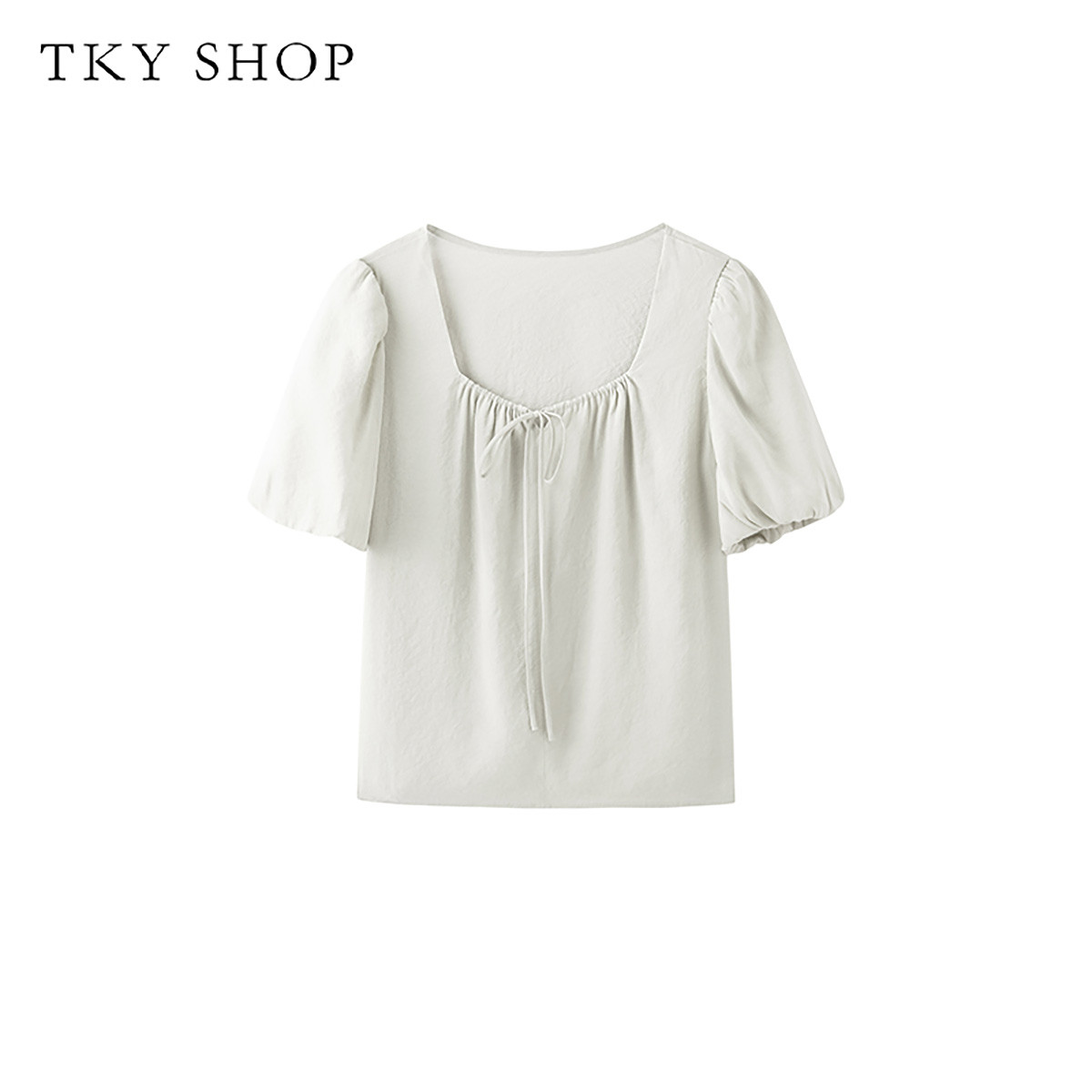 10533088.TKYSHOP方领褶皱泡泡袖系带上衣T恤2024年夏季款