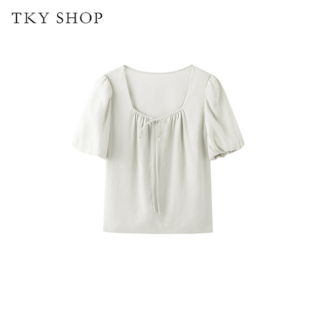 10533088.TKYSHOP方领褶皱泡泡袖系带上衣T恤2024年夏季款