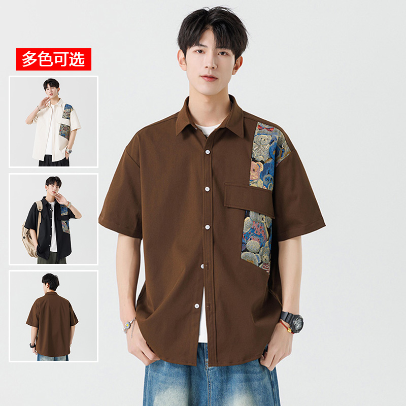 10549693.衣仕梵夏季新款男宽松拼接潮流学院风休闲短袖衬衫【衣仕梵男装XJ】