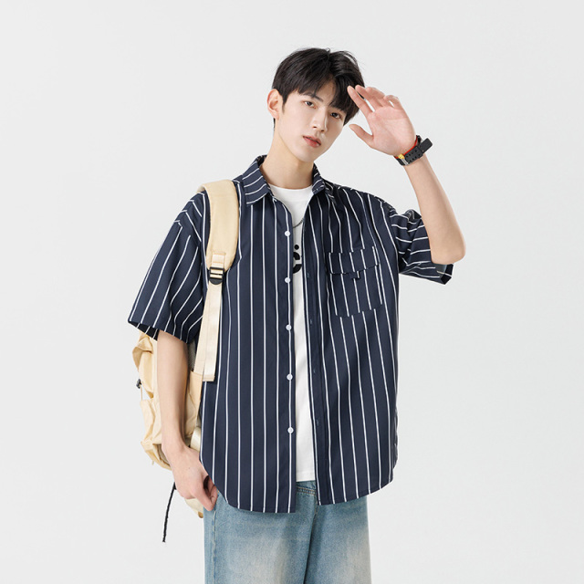 10549701.衣仕梵夏季新款男宽松竖条纹潮流百搭休闲短袖衬衫【衣仕梵男装XJ】