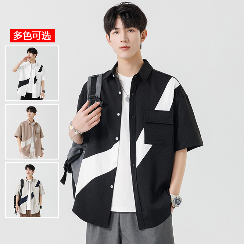 10549690.衣仕梵夏季新款男潮流拼接复古宽松休闲百搭短袖衬衫【衣仕梵男装XJ】