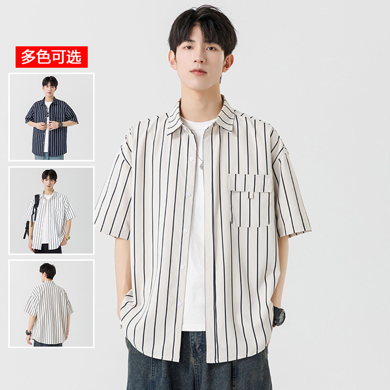 10549701.衣仕梵夏季新款男宽松竖条纹潮流百搭休闲短袖衬衫【衣仕梵男装XJ】
