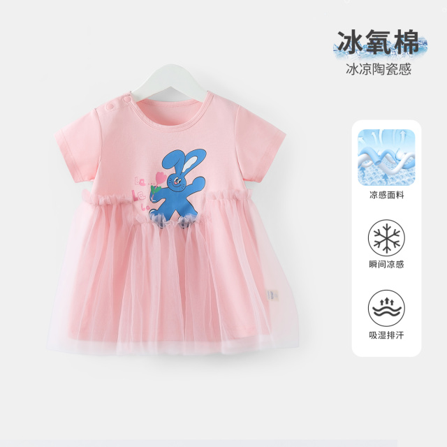 12024545.齐齐熊女童裙子女宝宝印花网纱连衣裙夏装冰氧棉甜美卡通公主裙