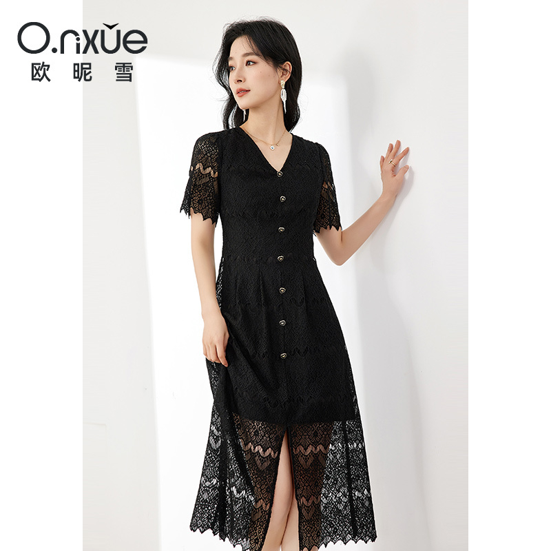 10564776.欧昵雪【优雅法式气质镂空蕾丝裙子】时尚名媛风波浪边V领连衣裙