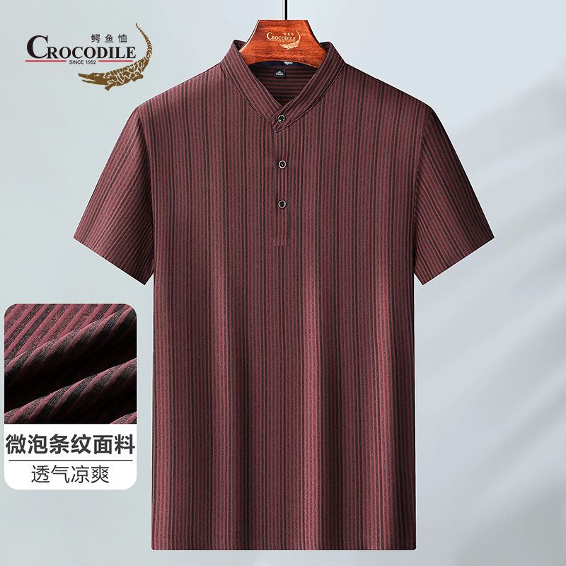 10582714.夏季锦氨混纺微泡条纹面料透气凉爽速干套头立领短袖t恤男