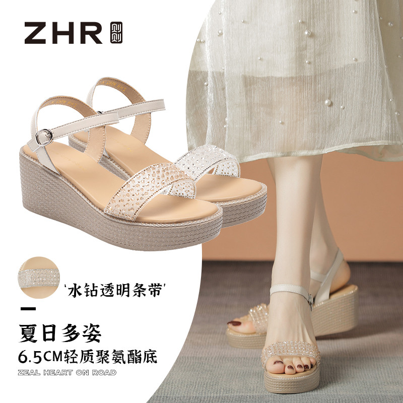 12732702.【ZHR则则】凉鞋露趾搭扣坡跟女鞋[牛剖层移膜革+PVC]