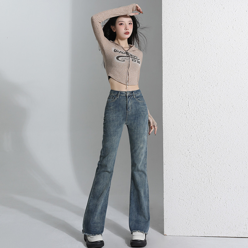 13587337.歌谛婕 宽松小喇叭微喇毛边弹力显瘦牛仔裤女