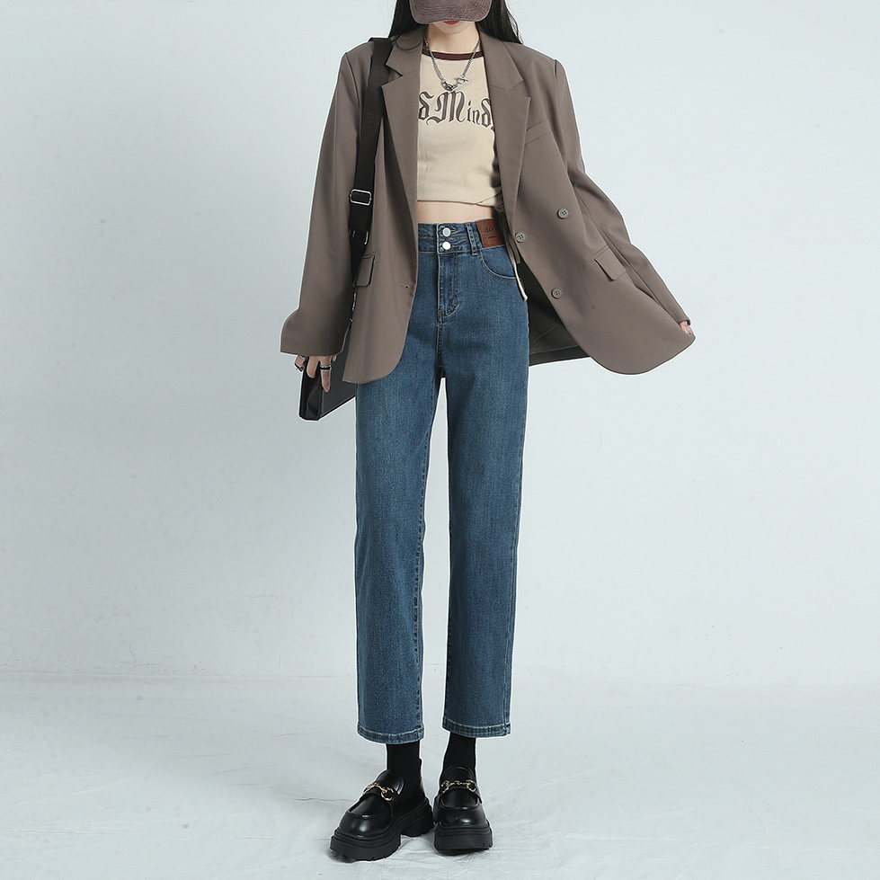 10591799.柒蒙 皮牌直筒九分牛仔裤女宽松高腰潮ins烟管裤女