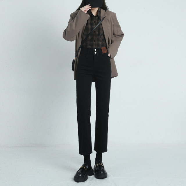 10591799.柒蒙 皮牌直筒九分牛仔裤女宽松高腰潮ins烟管裤女