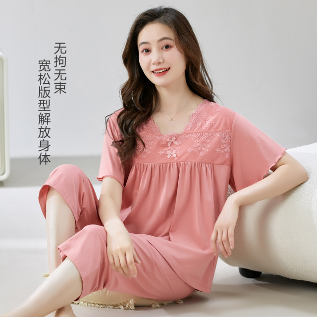 10599395.古今柔软棉质蕾丝花边短袖套装女士家居服