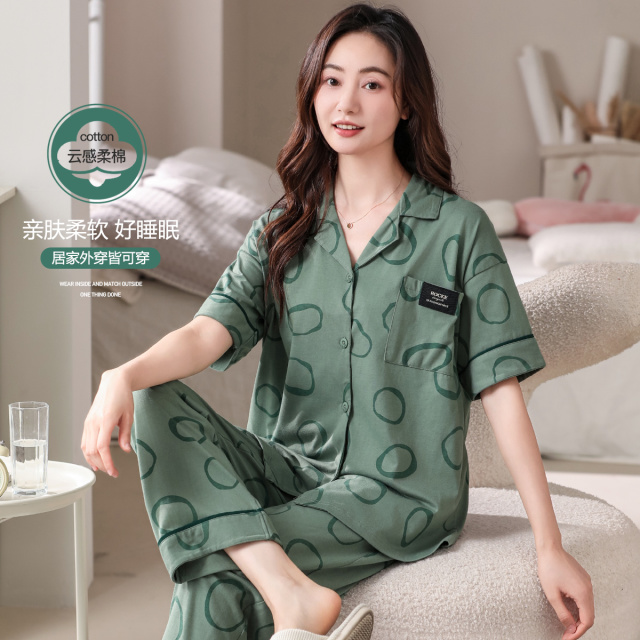 10599390.古今柔软棉质翻领开衫短袖套装女士家居服