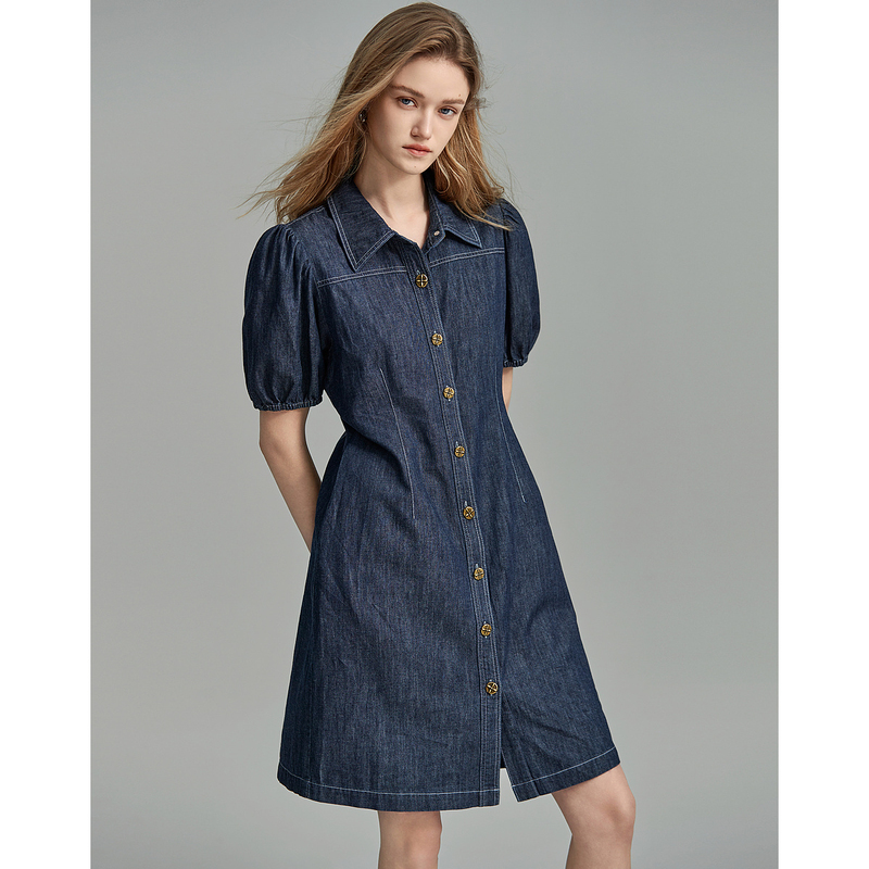 10597881.【牛仔控B入】夏都市翻领收腰泡泡袖100%棉牛仔连衣裙女中长
