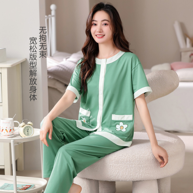 10599391.古今柔软棉质圆领开衫短袖套装女士家居服