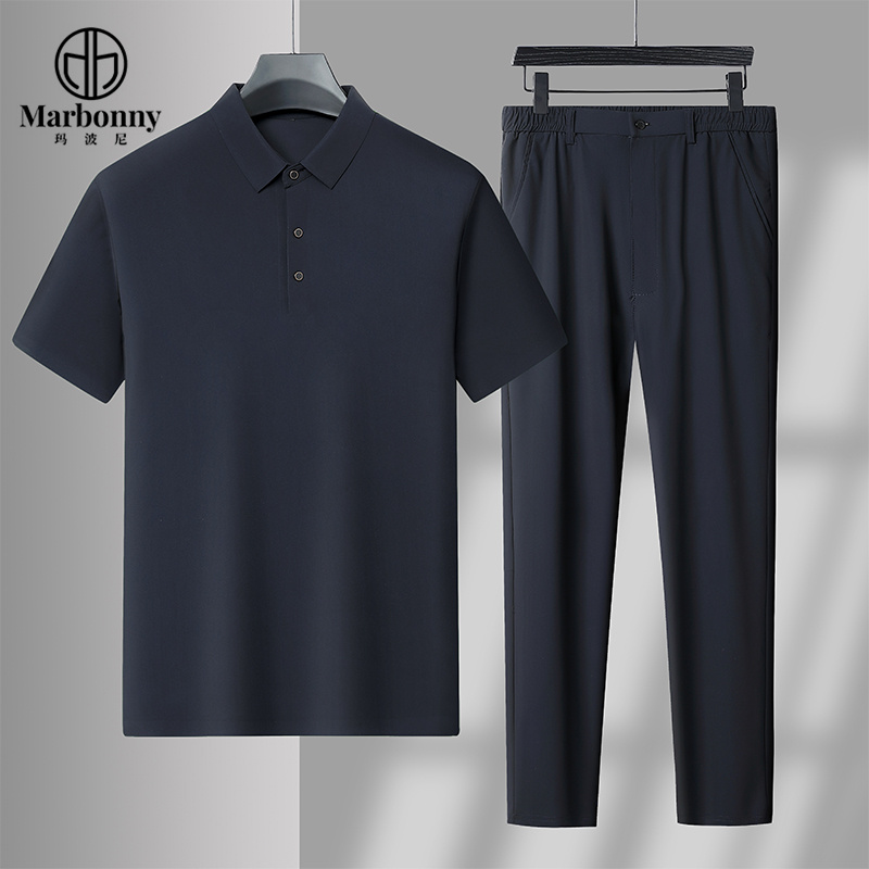 10608056.夏季冰丝套装中年男Polo衫长裤休闲两件套