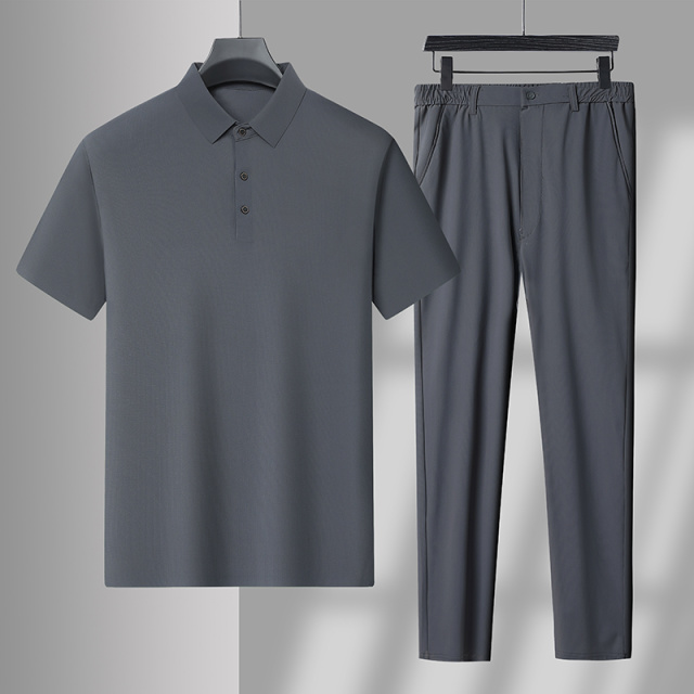10608056.夏季冰丝套装中年男Polo衫长裤休闲两件套