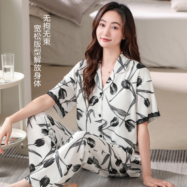 10634721.古今自带胸垫翻领开衫短袖套装可外穿女士家居服